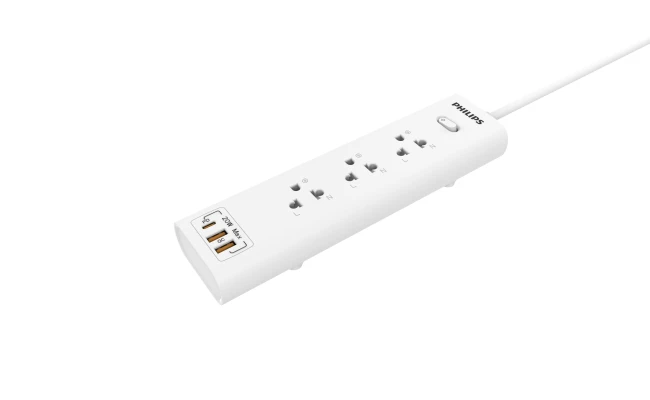 Philips Power Strip 3 AC Outlet ,1USB-C , 2USB with overload Protection, 2M EU